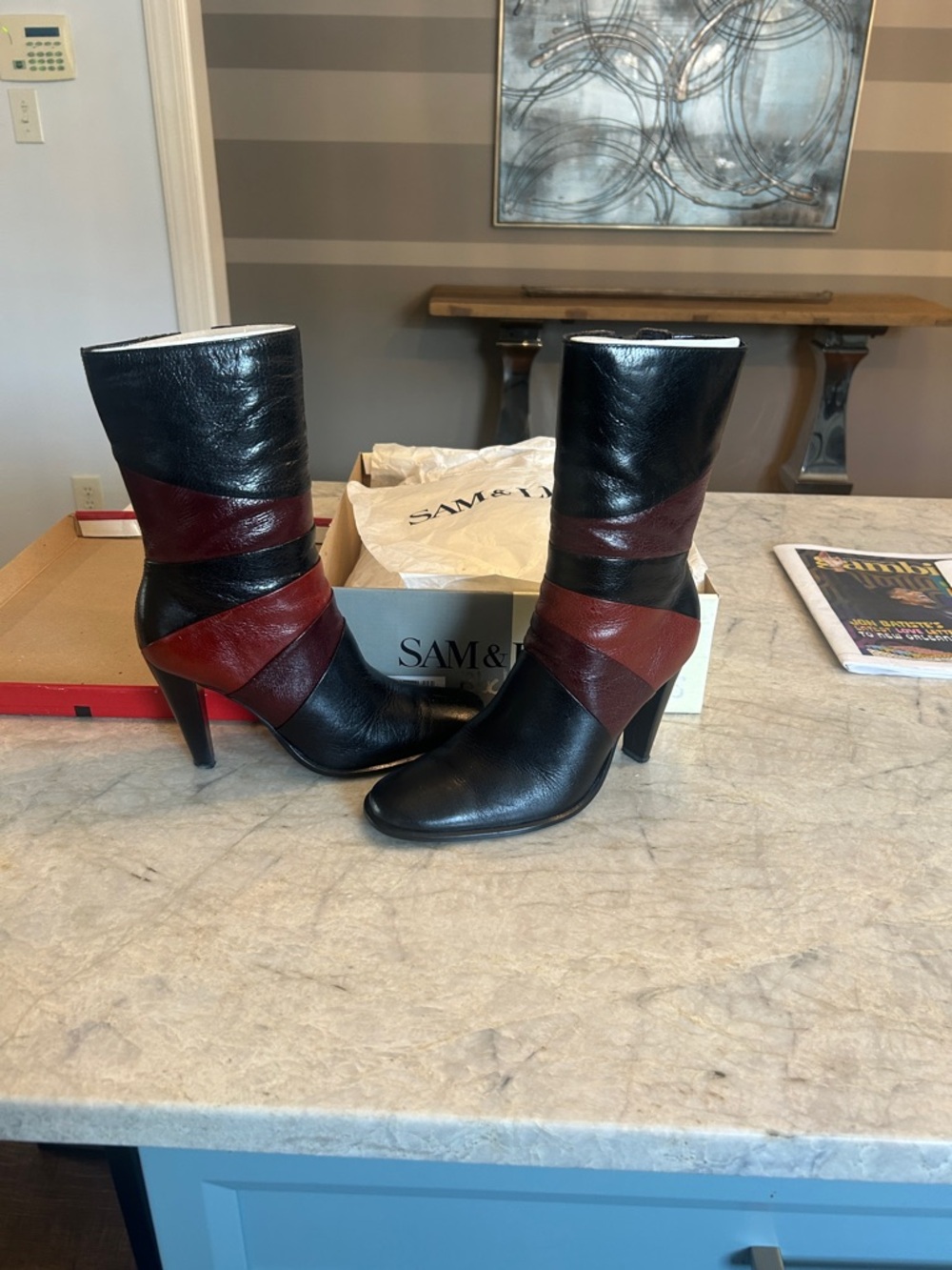 Sam & Libby “Peggy” Black and Burgundy Mid-Calf Heeled Boots